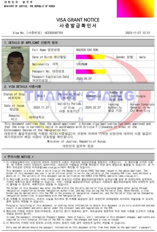 Hạnh phúc gửi tới học sinh Thanh Giang nhận được visa du học Hàn