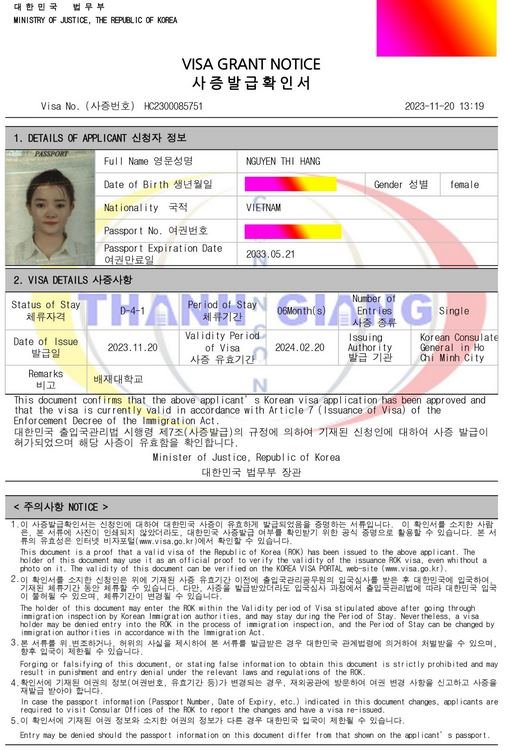 Hạnh phúc gửi tới học sinh Thanh Giang nhận được visa du học Hàn
