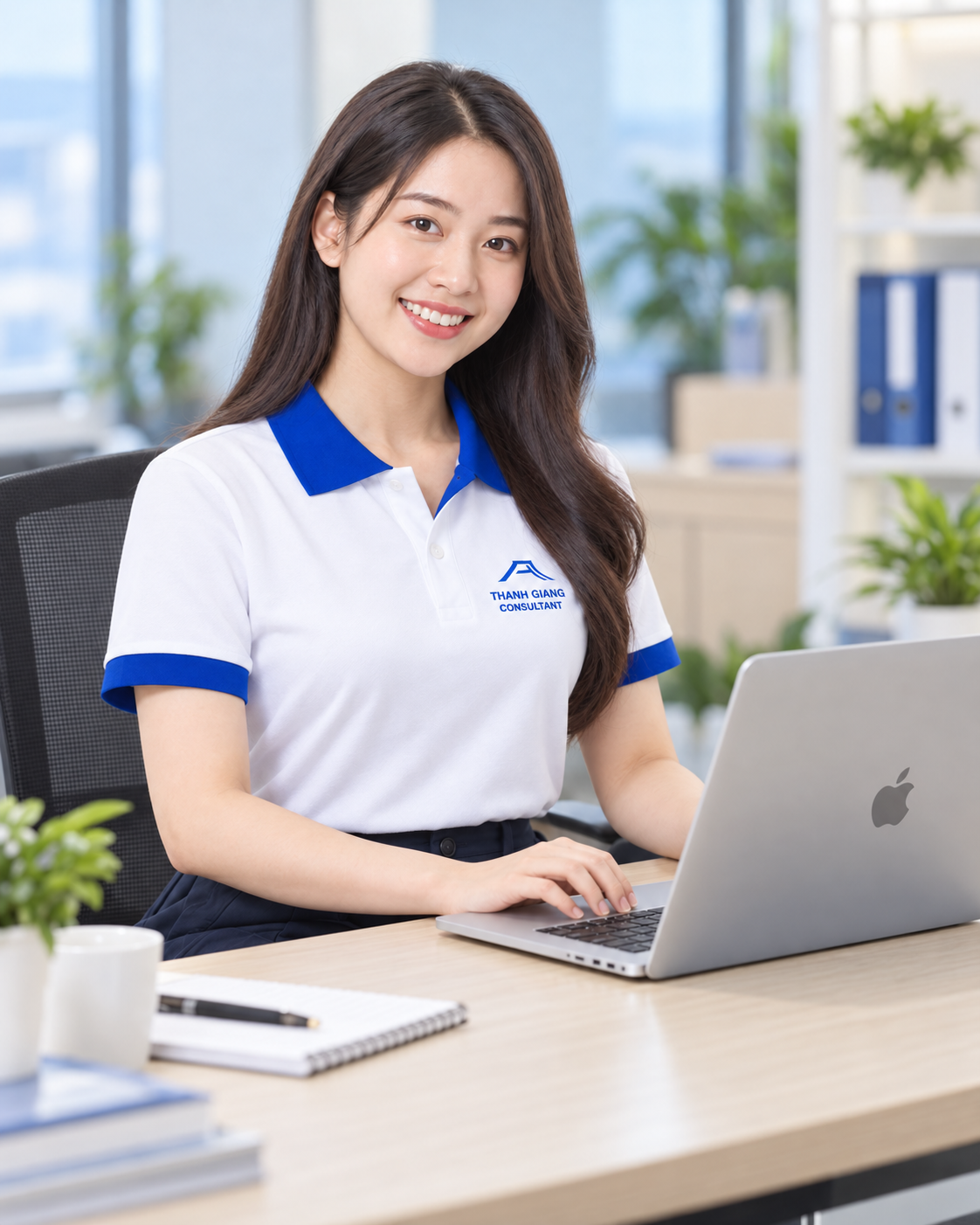 Ảnh minh họa tư vấn viên Thanh Giang ngồi tại bàn làm việc cùng laptop Apple