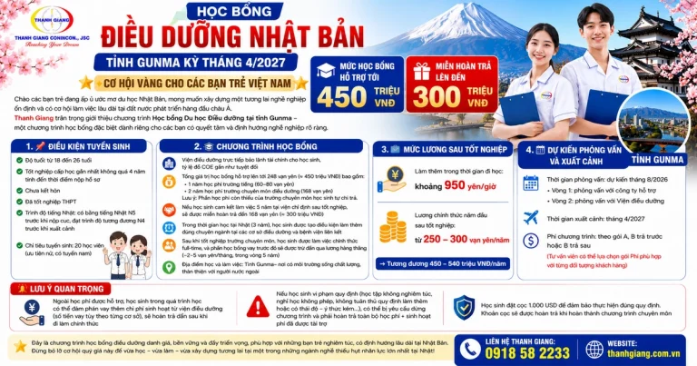 Học bổng Điều dưỡng Nhật Bản tỉnh Gunma kỳ tháng 4/2027 – Cơ hội vừa học vừa xây dựng tương lai tại Nhật