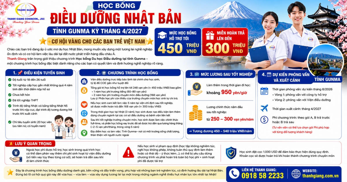 Học bổng Điều dưỡng Nhật Bản tỉnh Gunma kỳ tháng 4/2027 – Cơ hội vừa học vừa xây dựng tương lai tại Nhật