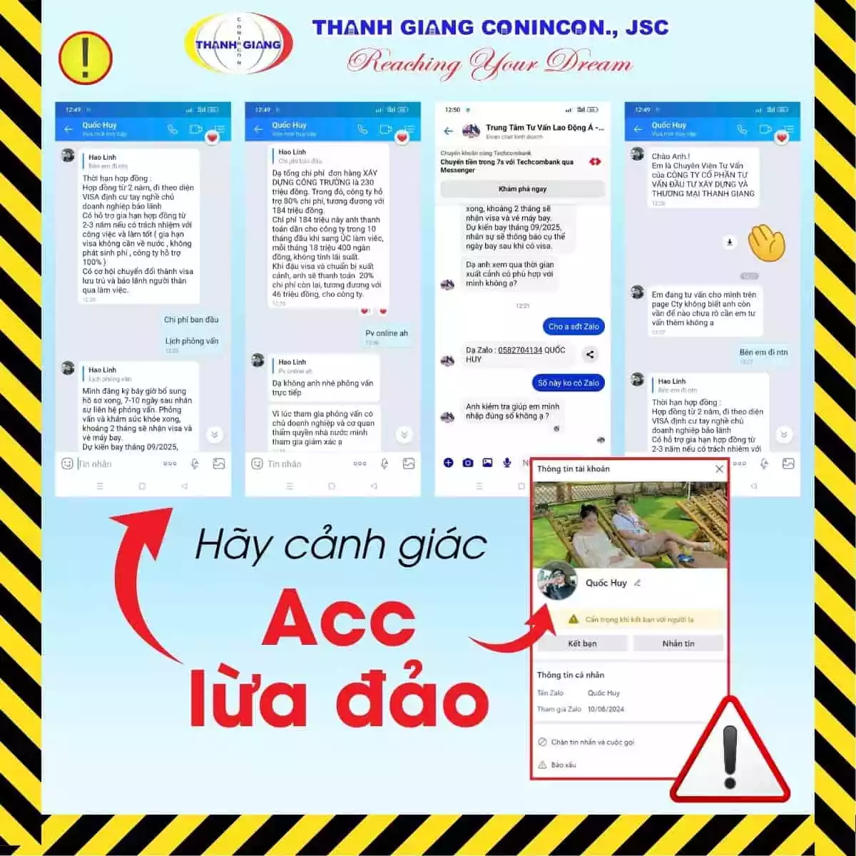 Tài khoản mạo danh nhân viên Thanh Giang kèm đoạn chat lừa đảo người có nhu cầu đi lao động