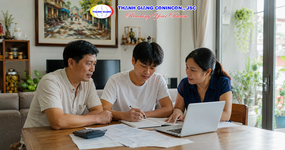 Gia đình Việt Nam có bố mẹ kinh doanh tự do trao đổi kế hoạch tài chính cho con đi du học Nhật Bản.