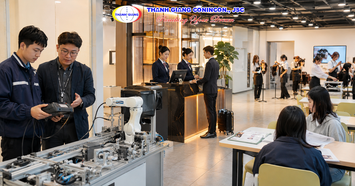 Sinh viên trải nghiệm các ngành kỹ thuật, dịch vụ và làm đẹp tại trường Cao đẳng Hàn Quốc.