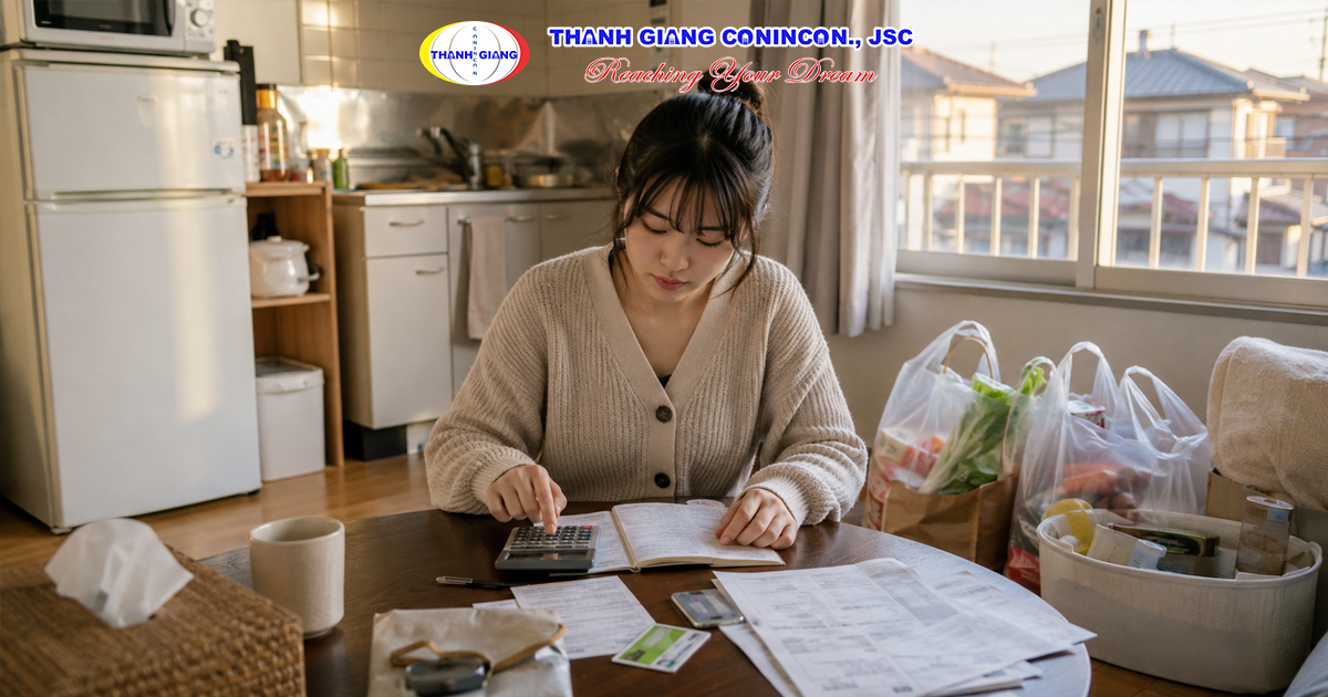 Du học sinh Việt Nam quản lý tiền thuê nhà, ăn uống và chi phí sinh hoạt hằng tháng tại Nhật Bản.