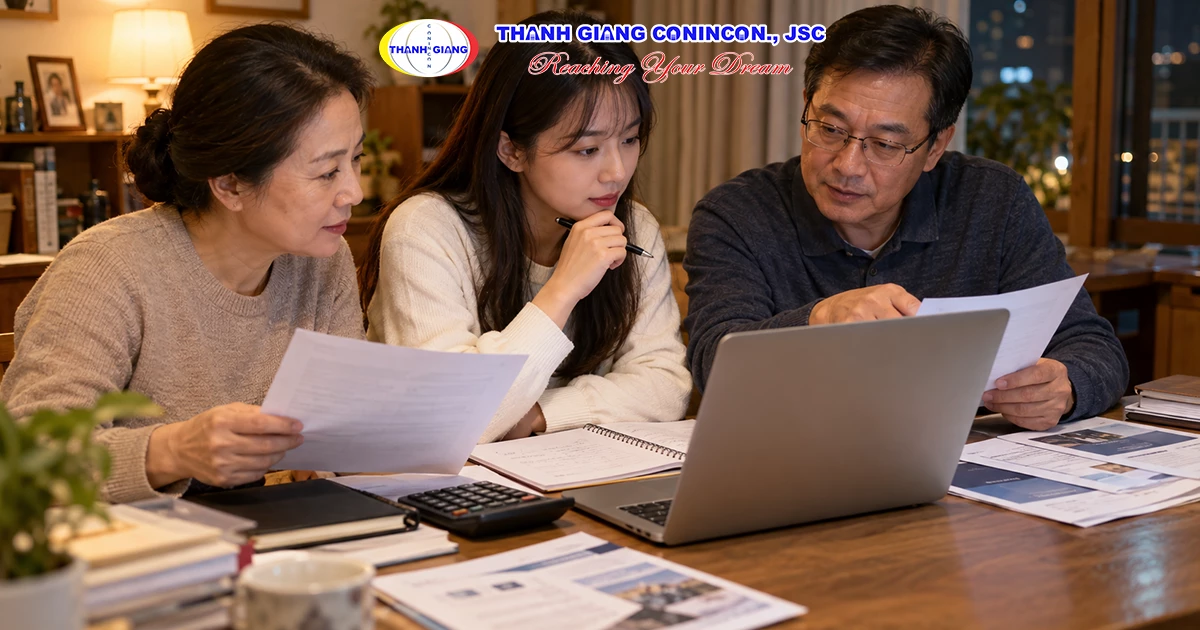 Gia đình chuẩn bị tài chính và hồ sơ chứng minh khả năng chi trả khi xin visa D2-3 Hàn Quốc.