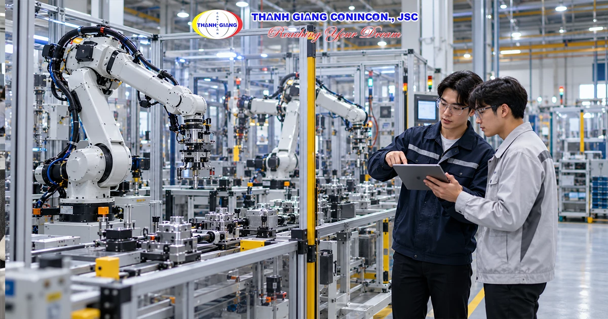 Ứng dụng kỹ thuật cơ khí trong robot công nghiệp và dây chuyền sản xuất tự động tại Hàn Quốc.