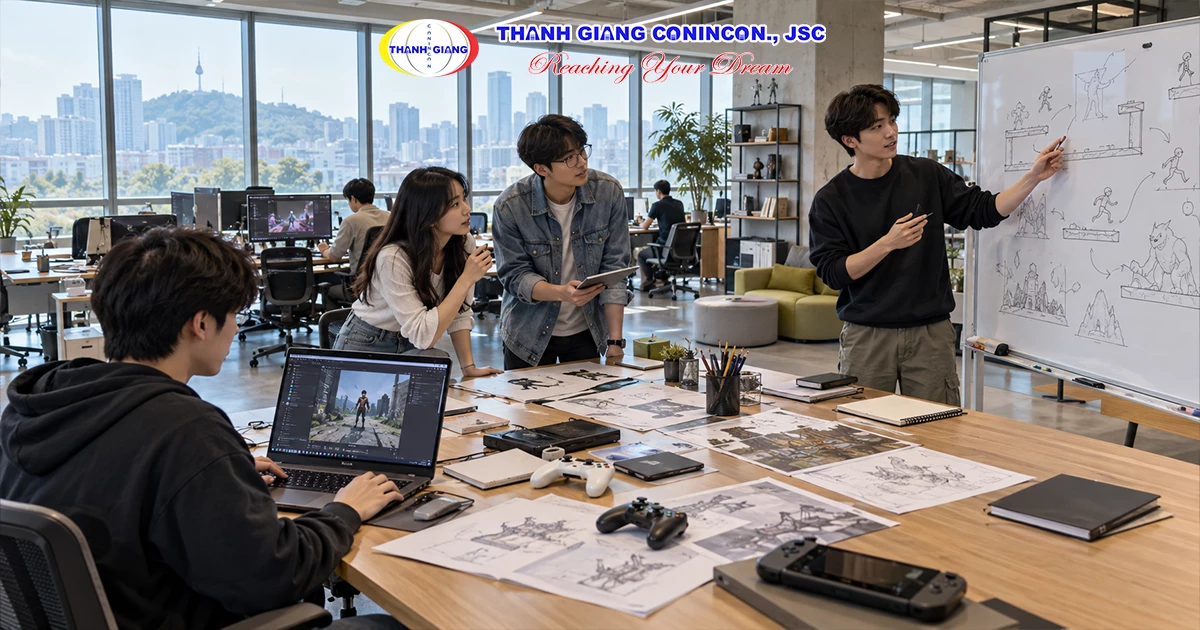 Nhóm sinh viên quốc tế làm việc theo dự án phát triển game tại trường đại học Hàn Quốc