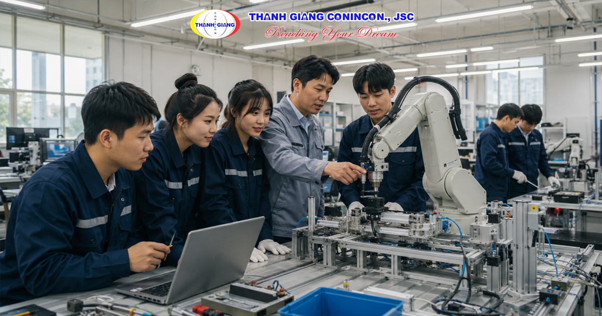 Sinh viên Việt Nam tham gia giờ học thực hành tại trường Cao đẳng ở Hàn Quốc.