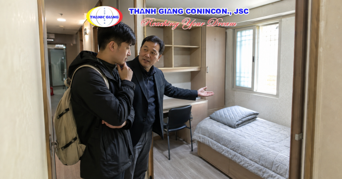 Du học sinh khảo sát goshiwon cùng chủ trọ và lựa chọn phòng phù hợp tại Hàn Quốc