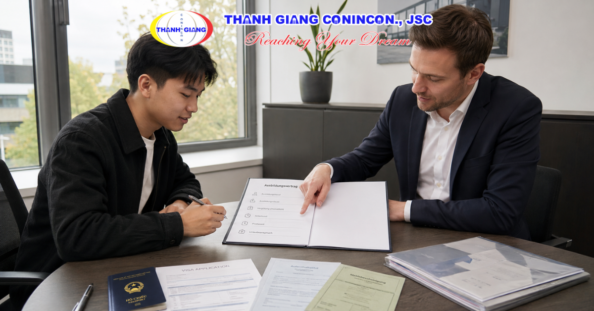 Du học sinh kiểm tra và ký hợp đồng đào tạo nghề Ausbildung với doanh nghiệp Đức