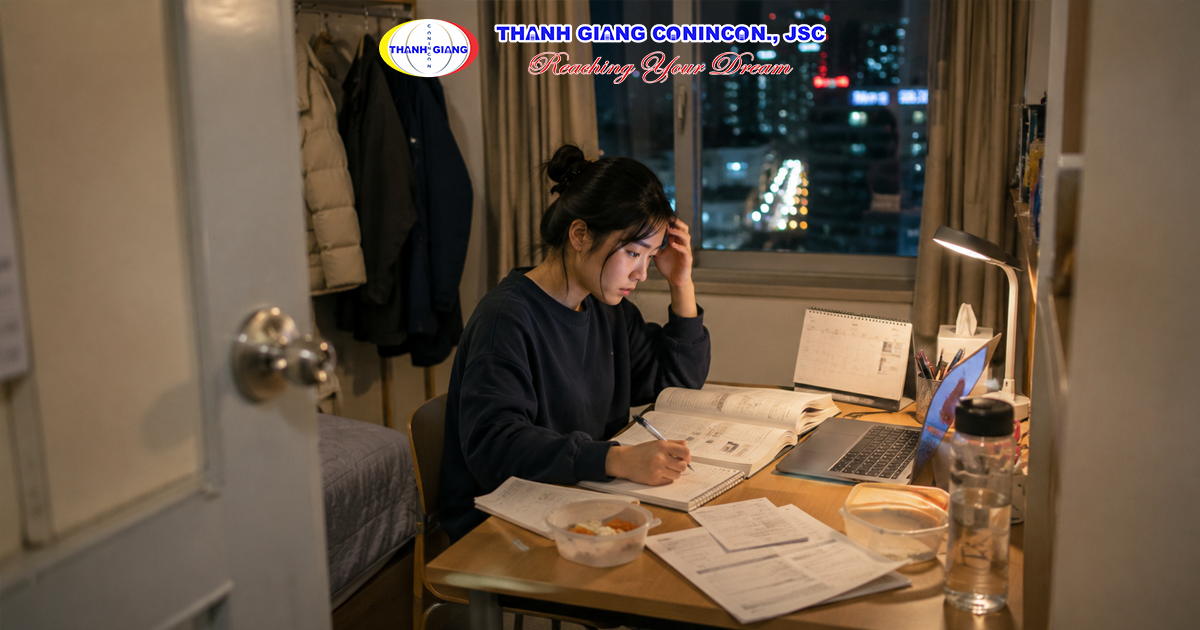 Du học sinh Việt Nam học tiếng Hàn và quản lý chi phí sinh hoạt trong ký túc xá.