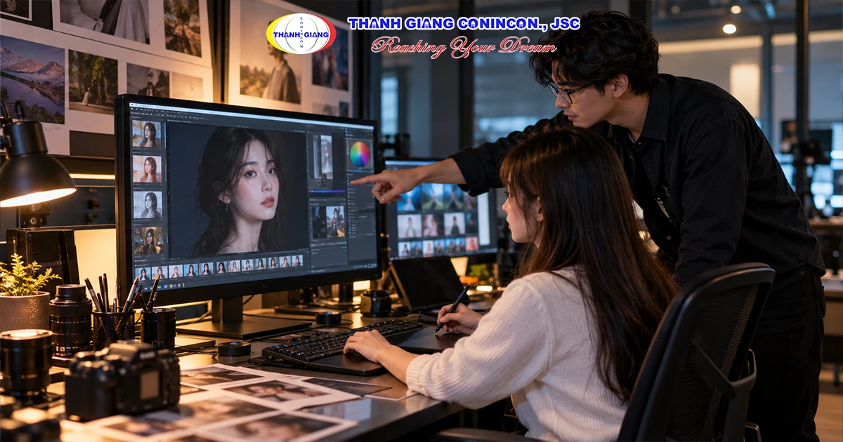 Sinh viên ngành nhiếp ảnh thực hành chỉnh màu và hậu kỳ ảnh kỹ thuật số tại Hàn Quốc