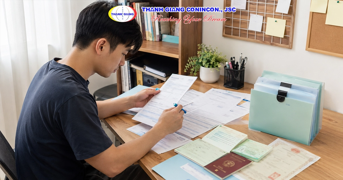 Học viên kiểm tra hồ sơ chứng minh tài chính visa hệ 1+4 Đài Loan trước khi nộp.