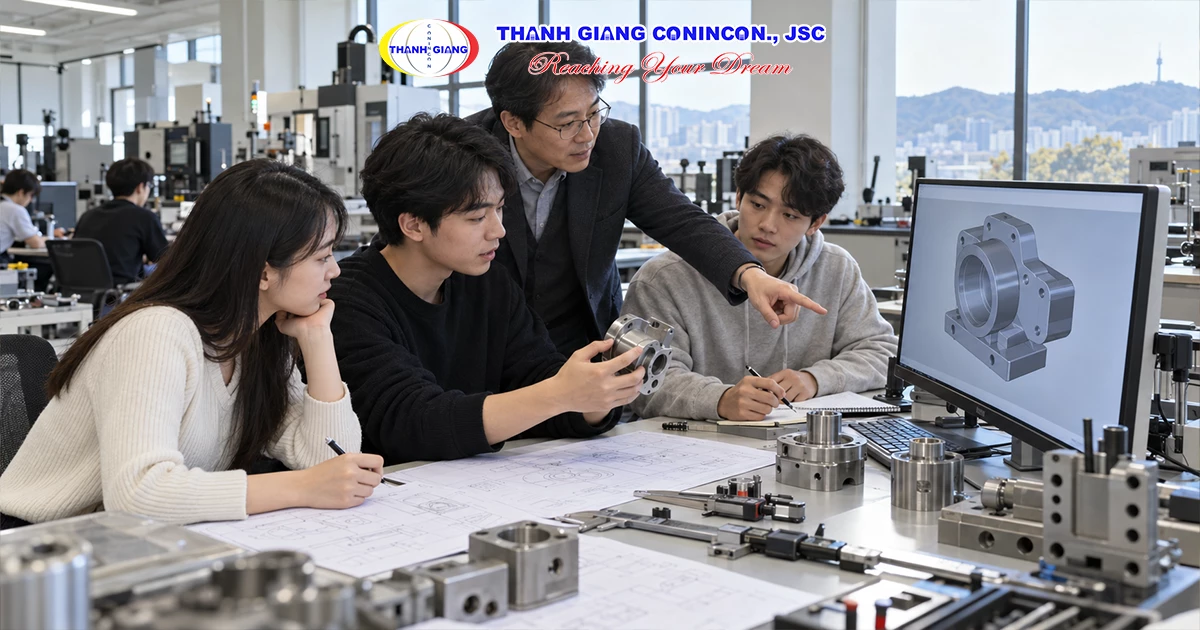 Sinh viên ngành kỹ thuật cơ khí thực hành thiết kế chi tiết máy tại trường đại học Hàn Quốc.