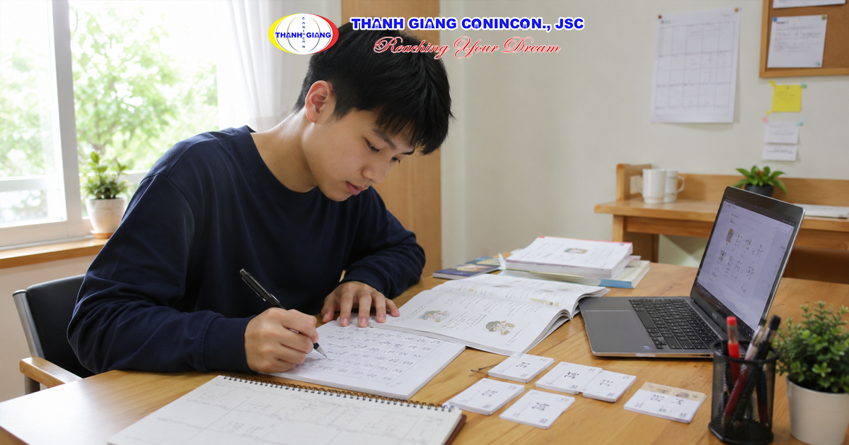 Nam học sinh Việt Nam đang tự học tiếng Nhật N5 để chuẩn bị du học Nhật Bản.