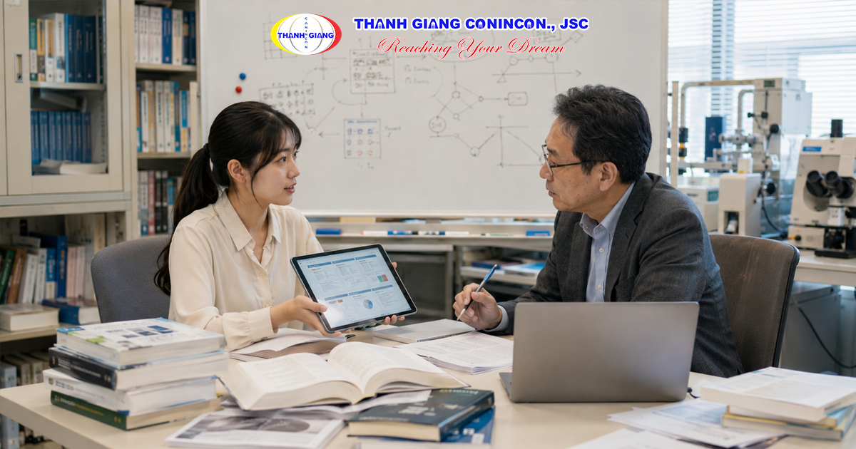 Sinh viên Việt Nam trao đổi kế hoạch nghiên cứu với giáo sư tại trường Đại học Nhật Bản.