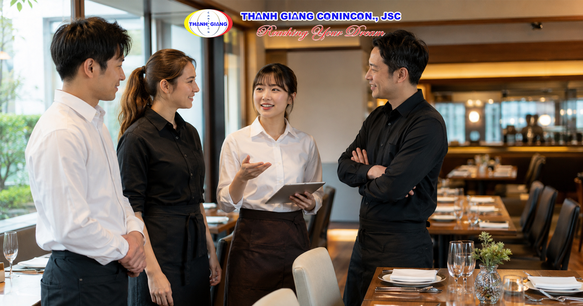 Du học sinh Việt Nam giao tiếp tiếng Nhật và tích lũy kinh nghiệm khi làm thêm tại nhà hàng.