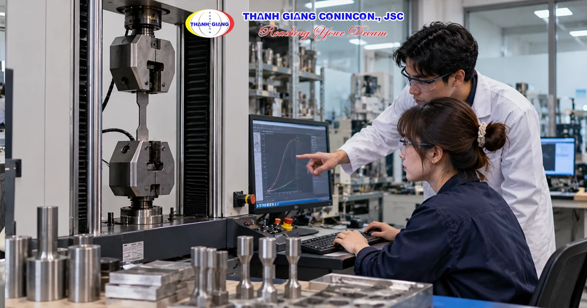 Kỹ sư nghiên cứu vật liệu và thử nghiệm cơ khí trong phòng R&D tại Hàn Quốc.