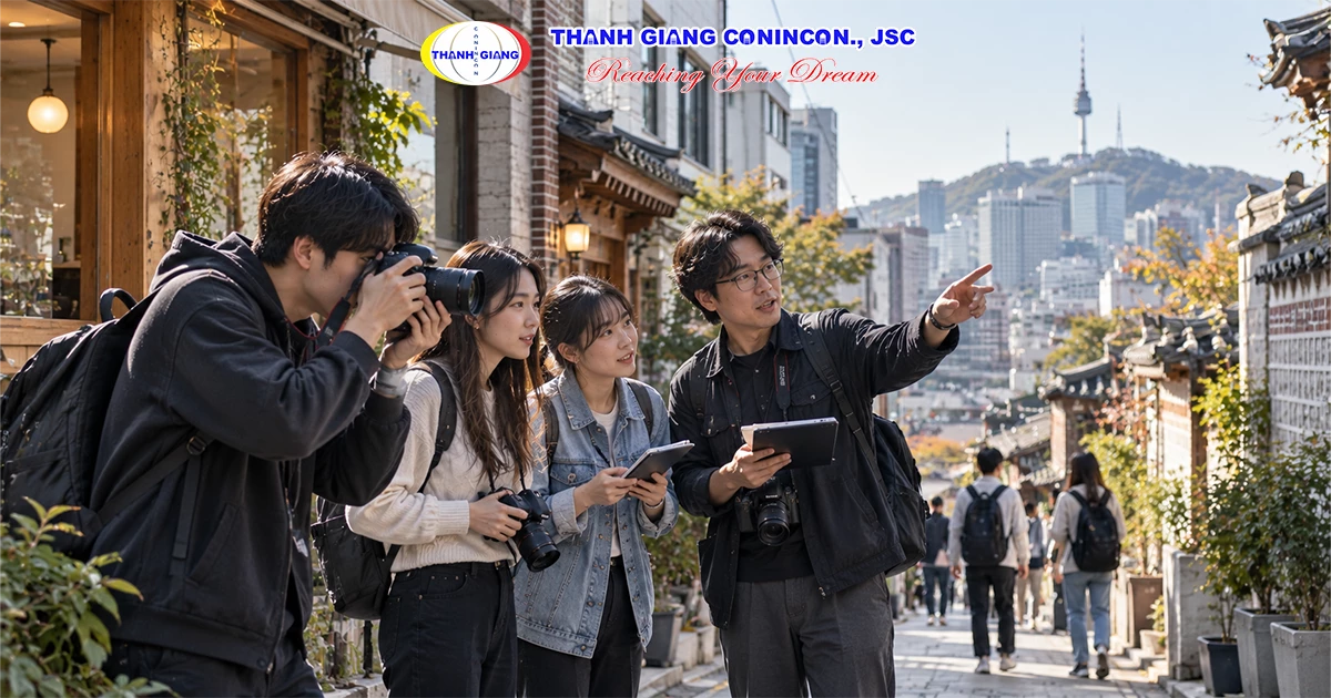 Sinh viên ngành nhiếp ảnh thực hành bố cục và ánh sáng tự nhiên trên đường phố Hàn Quốc