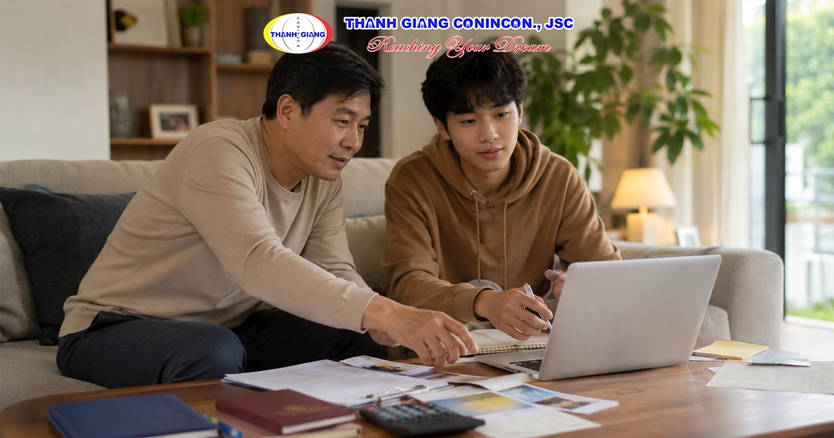 huynh và học sinh so sánh chi phí du học Hàn Quốc và Đài Loan trước khi xuất cảnh