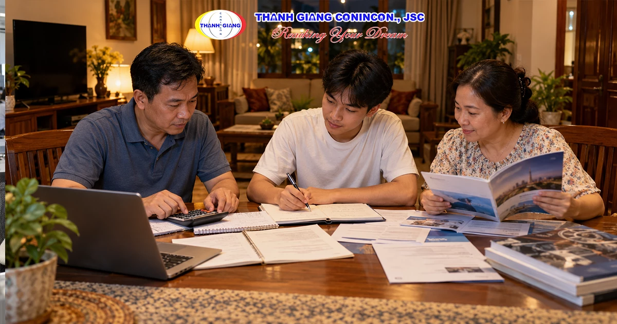 Gia đình Việt Nam lập kế hoạch tài chính cho con du học Hàn Quốc ngành kỹ thuật cơ khí.