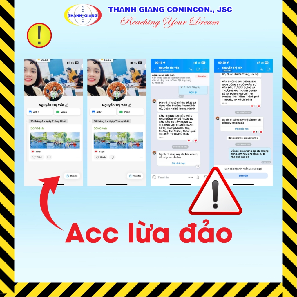 Tài khoản mạo danh nhân viên Thanh Giang kèm đoạn chat lừa đảo người có nhu cầu đi lao động