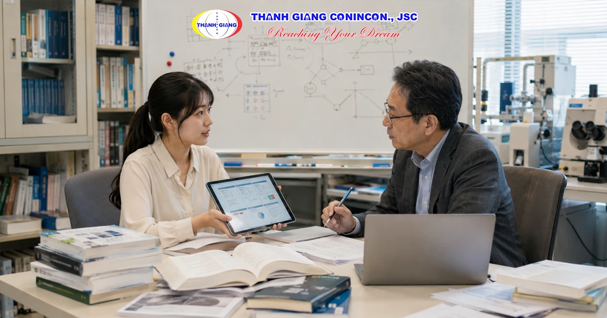 Sinh viên Việt Nam trao đổi kế hoạch nghiên cứu với giáo sư tại trường Đại học Nhật Bản.