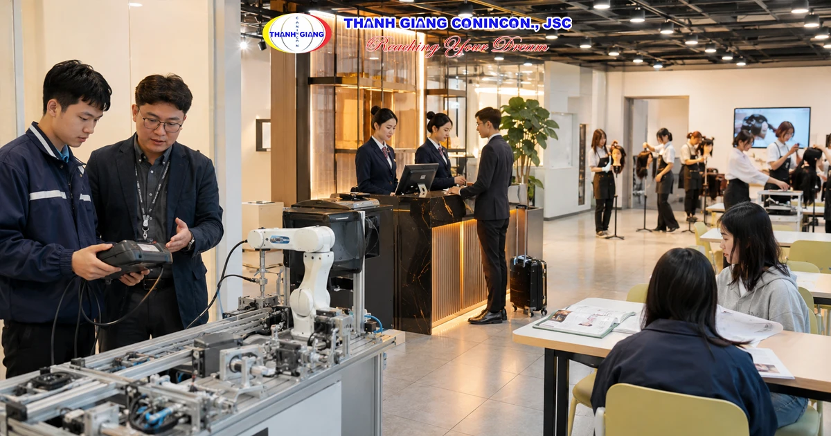 Sinh viên trải nghiệm các ngành kỹ thuật, dịch vụ và làm đẹp tại trường Cao đẳng Hàn Quốc.