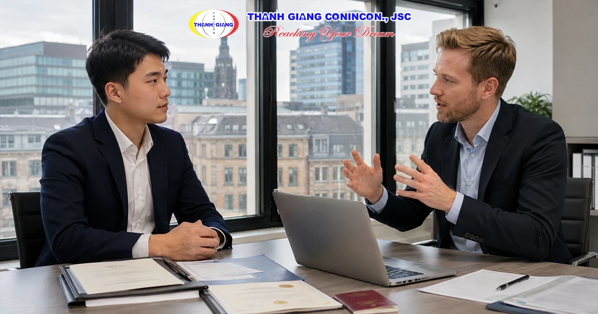 Lao động Việt Nam tìm hiểu hồ sơ và chính sách nhập cư tay nghề tại văn phòng tư vấn ở Đức.