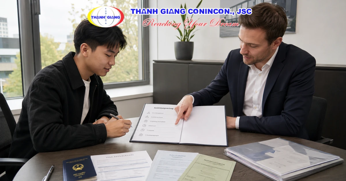 Du học sinh kiểm tra và ký hợp đồng đào tạo nghề Ausbildung với doanh nghiệp Đức