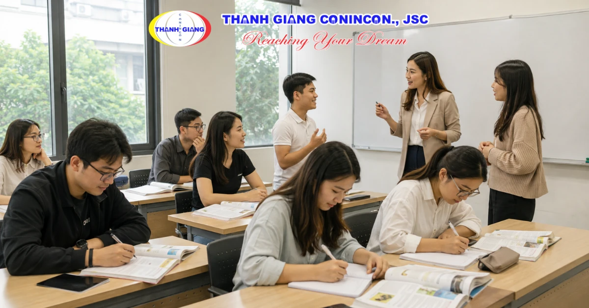 Lớp dạy học viên ở nhiều độ tuổi cùng học tiếng Đức để chuẩn bị du học nghề