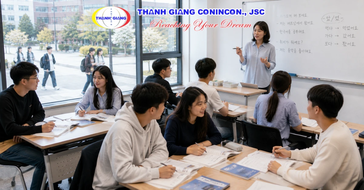 Du học sinh học tiếng Hàn trong giai đoạn đầu sau khi sang Hàn Quốc
