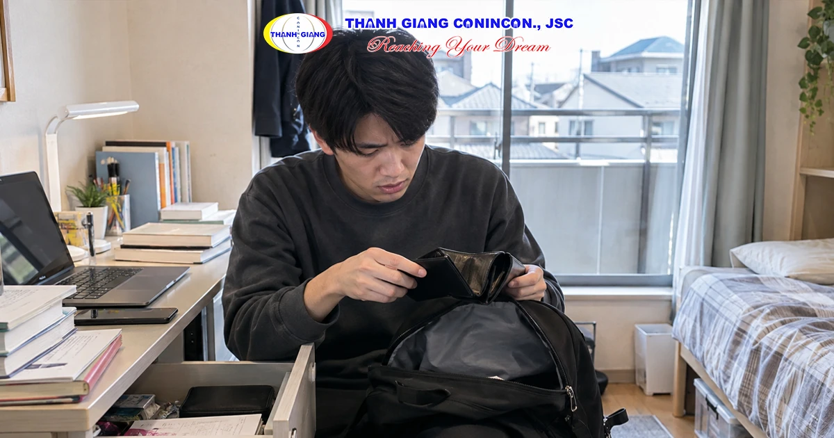 Du học sinh Việt Nam tại Nhật kiểm tra balo và đồ dùng cá nhân sau khi phát hiện bị thất lạc hộ chiếu.