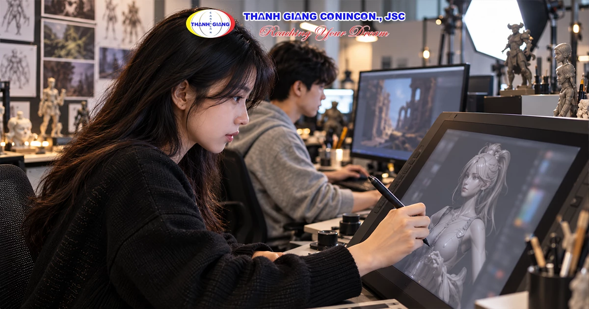 Sinh viên ngành phát triển game thực hành dựng mô hình 3D trong studio thiết kế tại Hàn Quốc