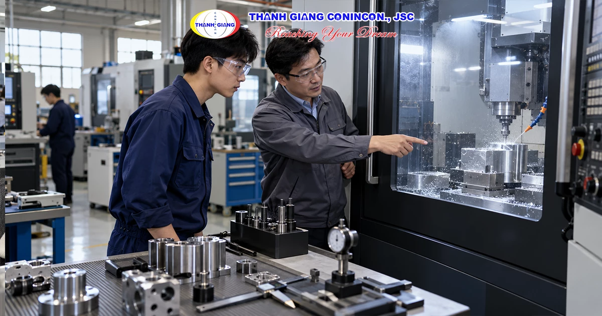 Sinh viên Việt Nam thực hành gia công cơ khí trong xưởng đào tạo tại đại học Hàn Quốc.