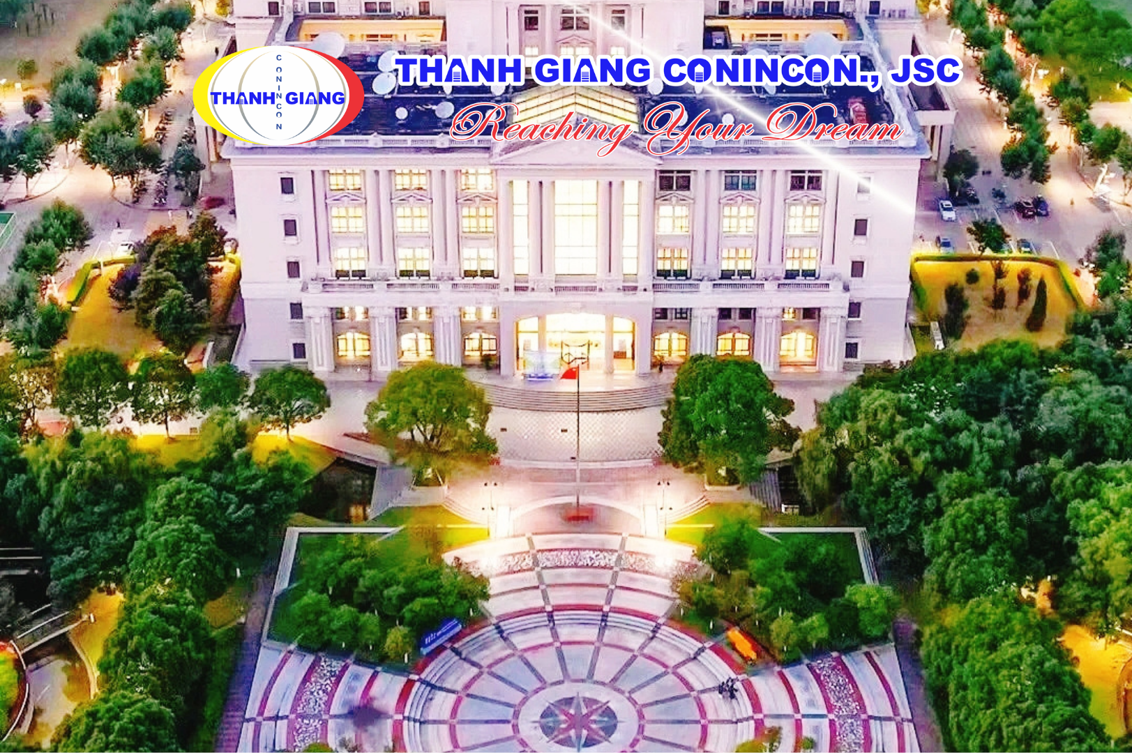 Toàn cảnh tòa nhà và quảng trường trung tâm Đại học Ngoại ngữ Thượng Hải nhìn từ trên cao