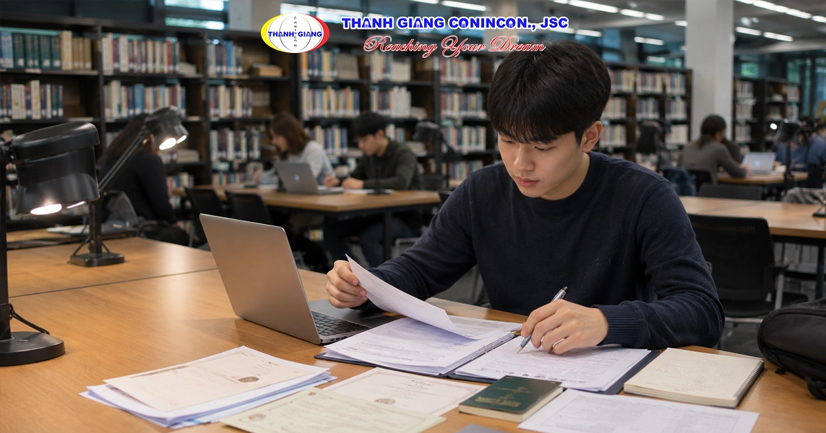 Học sinh có TOPIK chuẩn bị hồ sơ học bổng du học Hàn Quốc tại thư viện.