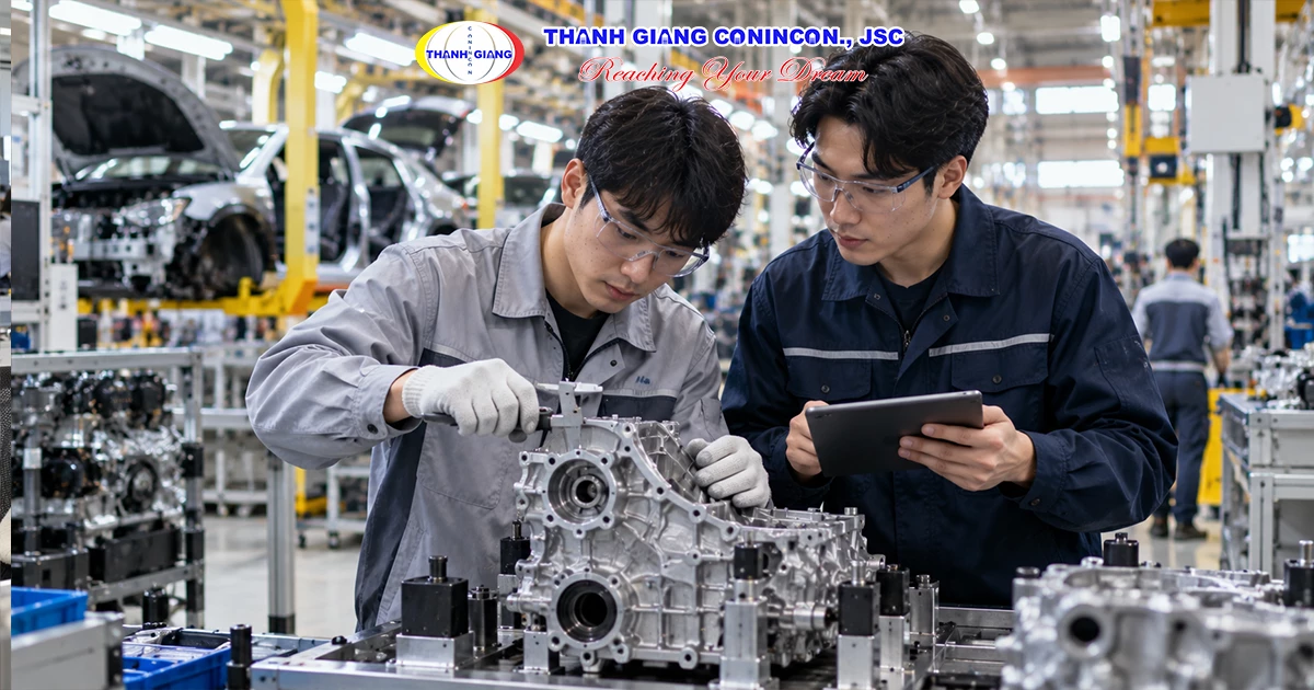 Kỹ sư cơ khí kiểm tra chất lượng linh kiện ô tô trong nhà máy sản xuất tại Hàn Quốc.